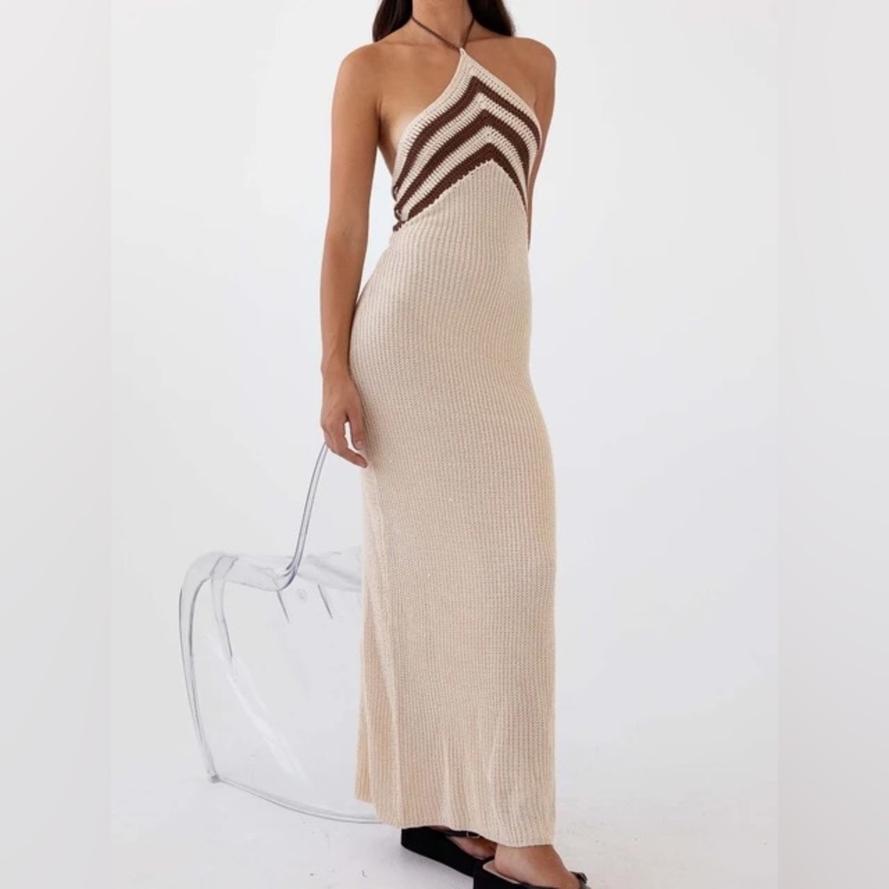 Peppermayo Beige and Brown Halter Knit Maxi Dress